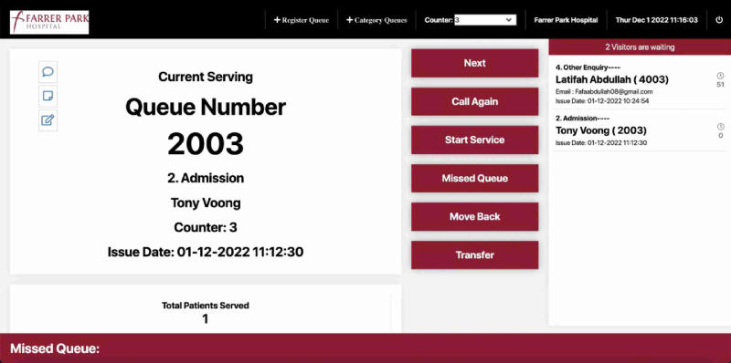 Farrer Park Hospital's Display Screen Interface
